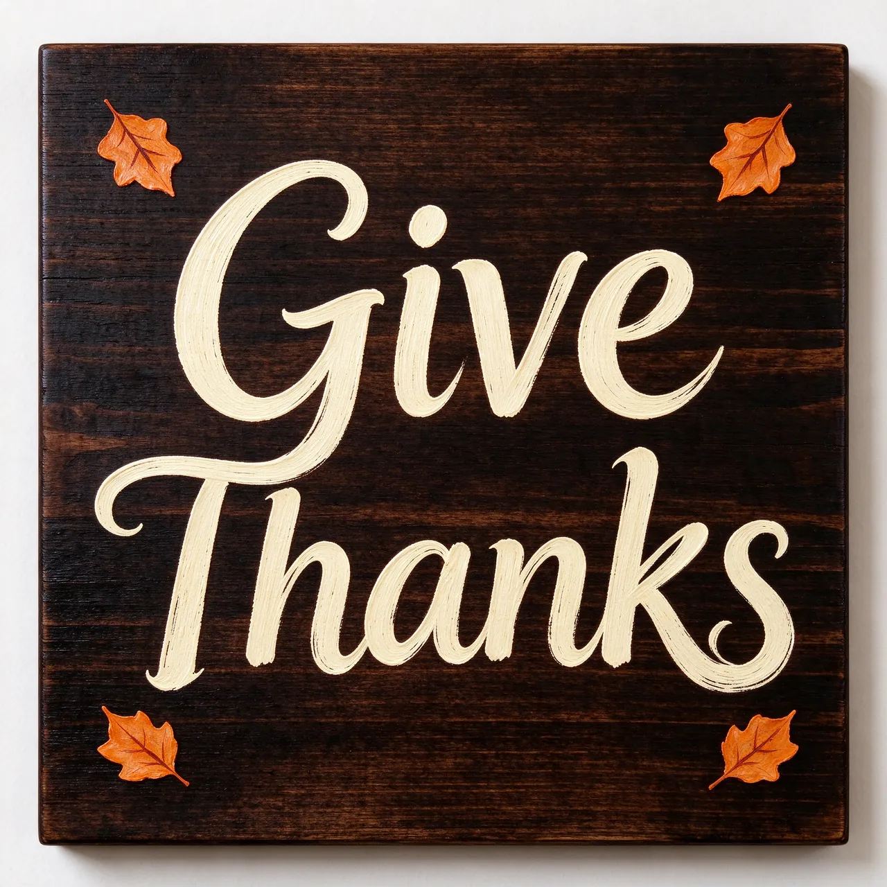 Cream hand-lettered 'Give Thanks' text on a dark stained wood board with painted orange autumn leaves in each corner
