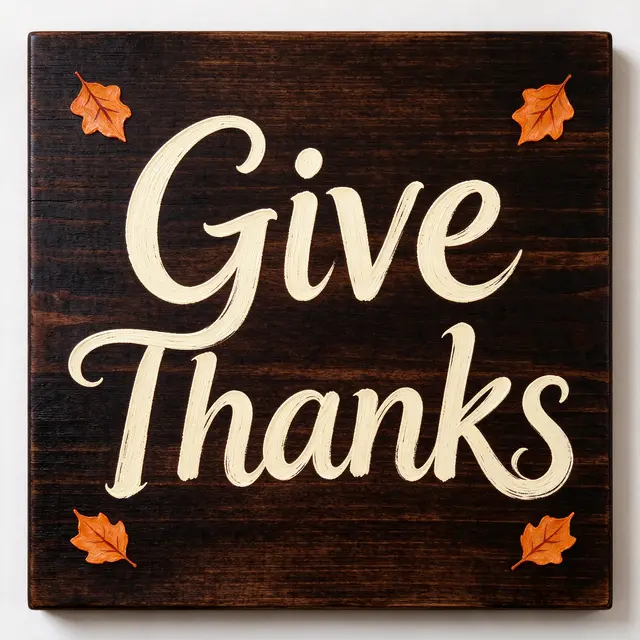 Cream hand-lettered 'Give Thanks' text on a dark stained wood board with painted orange autumn leaves in each corner