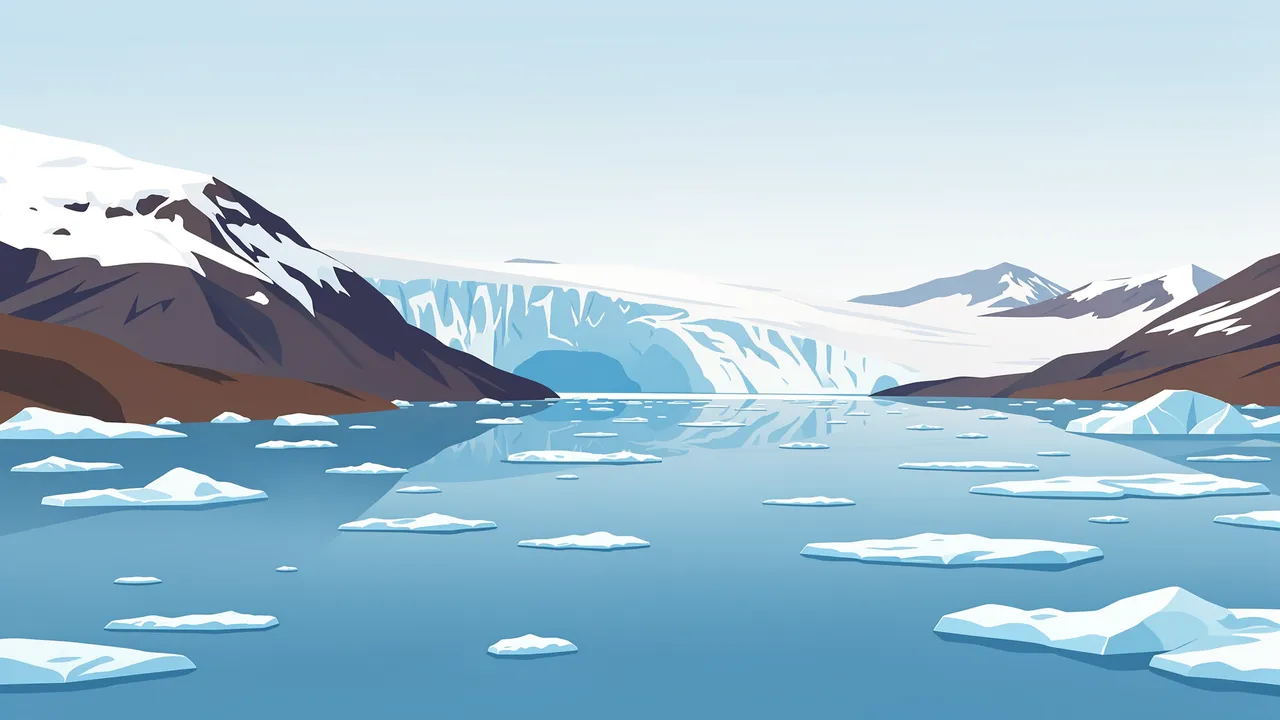 Flat vector illustration of a glacier spilling into a calm bay dotted with floating ice floes under a pale sky