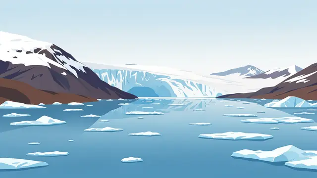 Flat vector illustration of a glacier spilling into a calm bay dotted with floating ice floes under a pale sky
