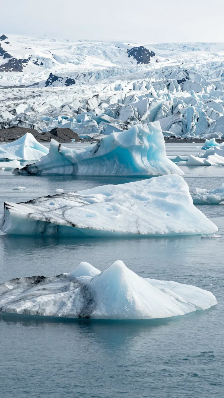 Floating blue and white icebergs rest in calm glacial water with a distant glacier backdrop.