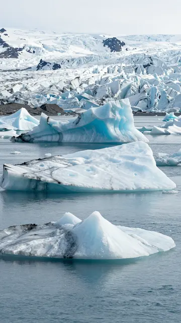 Floating blue and white icebergs rest in calm glacial water with a distant glacier backdrop.