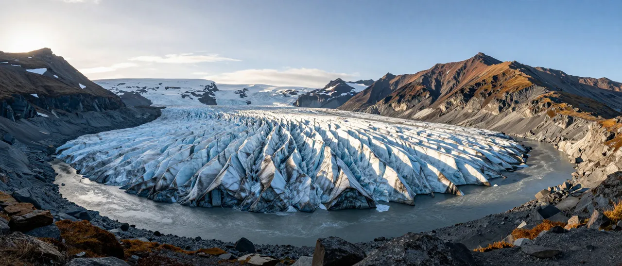 Wide panoramic view of a crevassed glacier flowing into a glacial river between rocky mountain slopes at sunrise