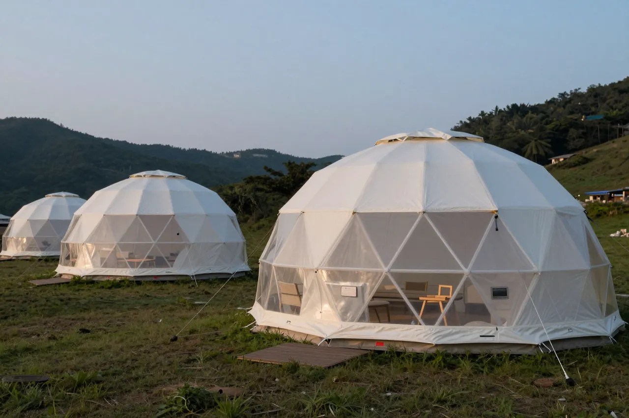 Row of white geodesic glamping dome tents on a grassy hillside overlooking forested mountains at soft dusk