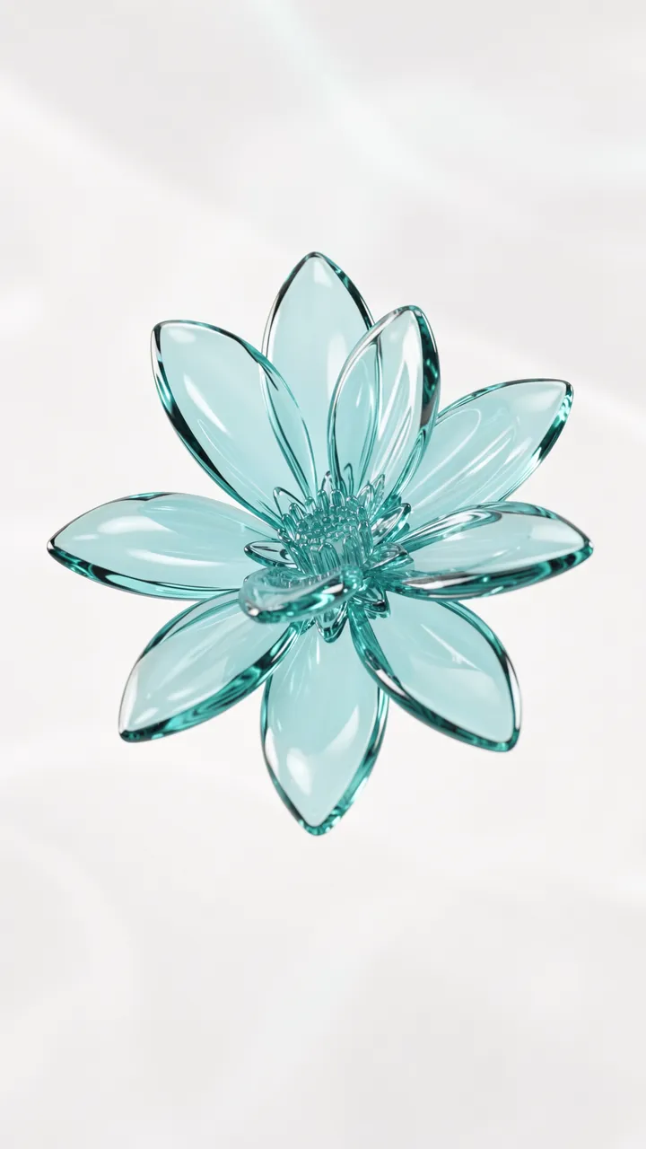 Translucent aqua glass flower with glossy petals floats over soft draped white background