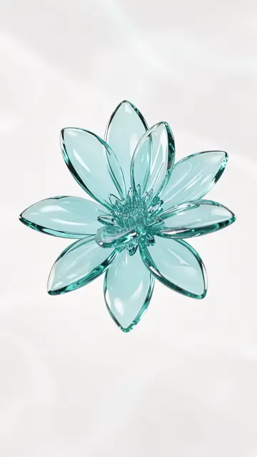 Translucent aqua glass flower with glossy petals floats over soft draped white background