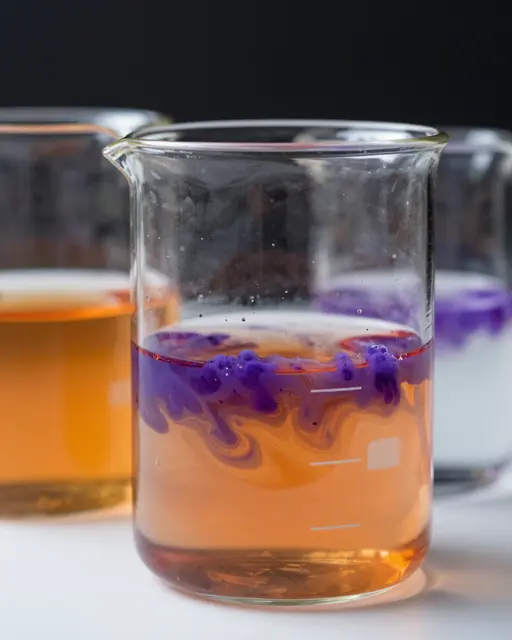 Clear glass beakers holding orange and purple swirling liquid sit on a lab surface against a dark background