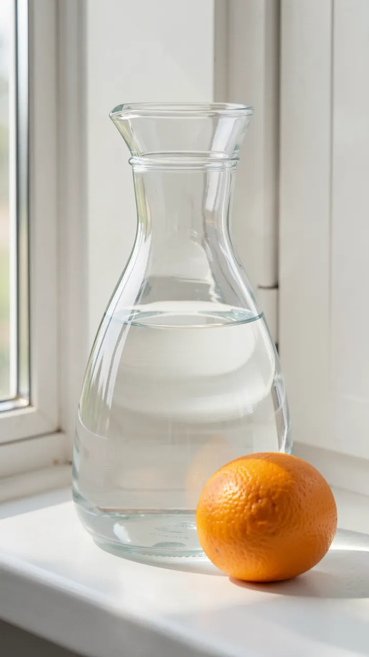 A clear glass carafe of water sits next to a whole orange on a bright white windowsill.