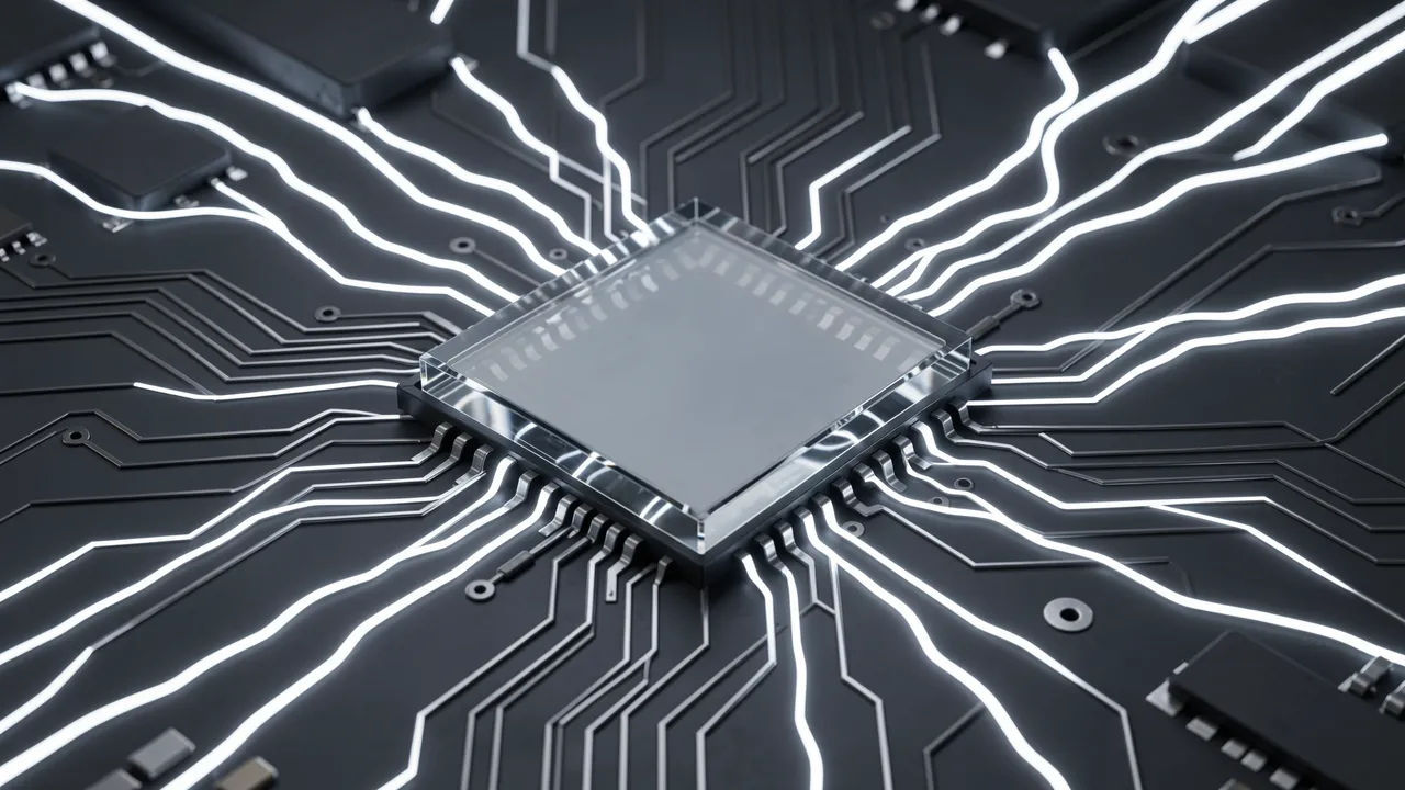A clear blank glass processor chip sits on a dark circuit board with bright glowing white trace lines spreading outward.