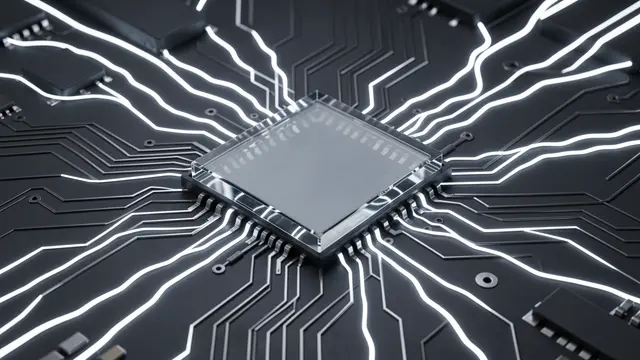 A clear blank glass processor chip sits on a dark circuit board with bright glowing white trace lines spreading outward.