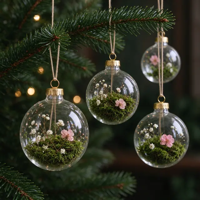 Clear glass Christmas baubles filled with dried flowers and moss hang from a fir branch with soft bokeh fairy lights in the
