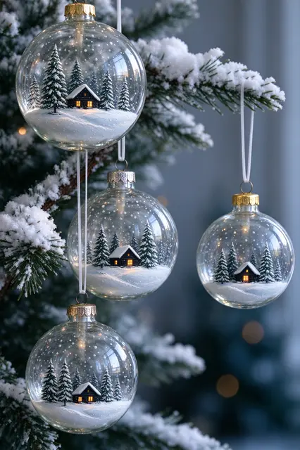 Clear glass Christmas ornaments with tiny winter cabin scenes hang from a snow-dusted pine branch against soft bokeh.