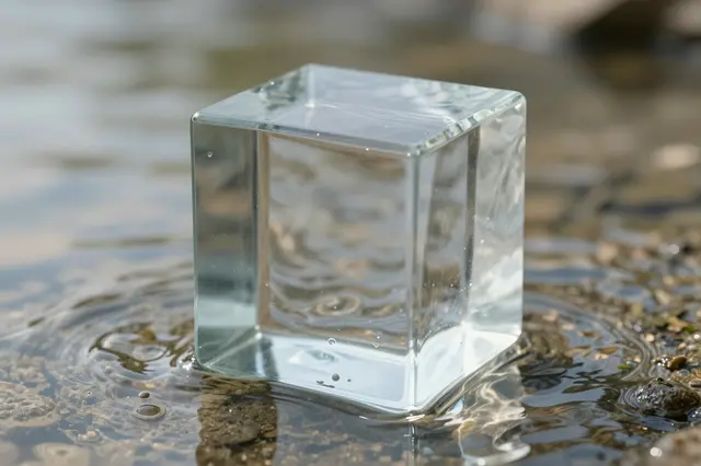 A clear solid glass cube rests upright in rippling shallow pebbly water with soft blurred background.