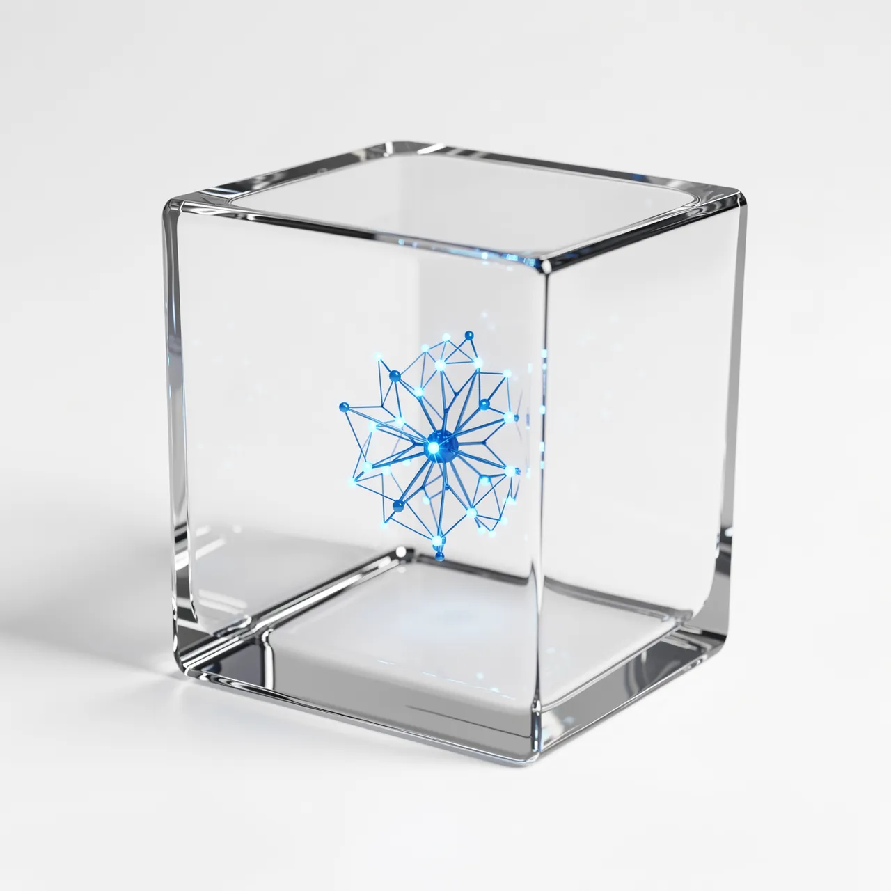 A clear glass cube holding a glowing blue neural network structure sits on a plain white surface.