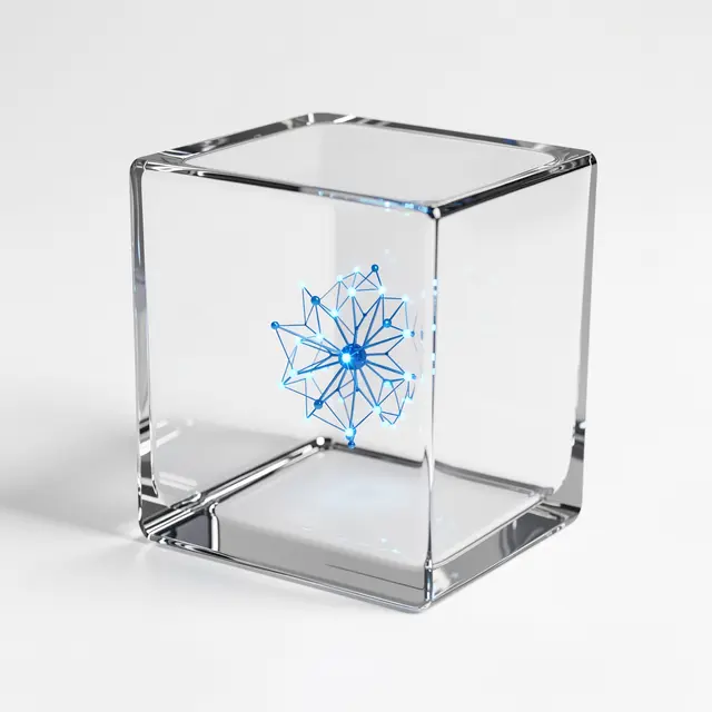 A clear glass cube holding a glowing blue neural network structure sits on a plain white surface.