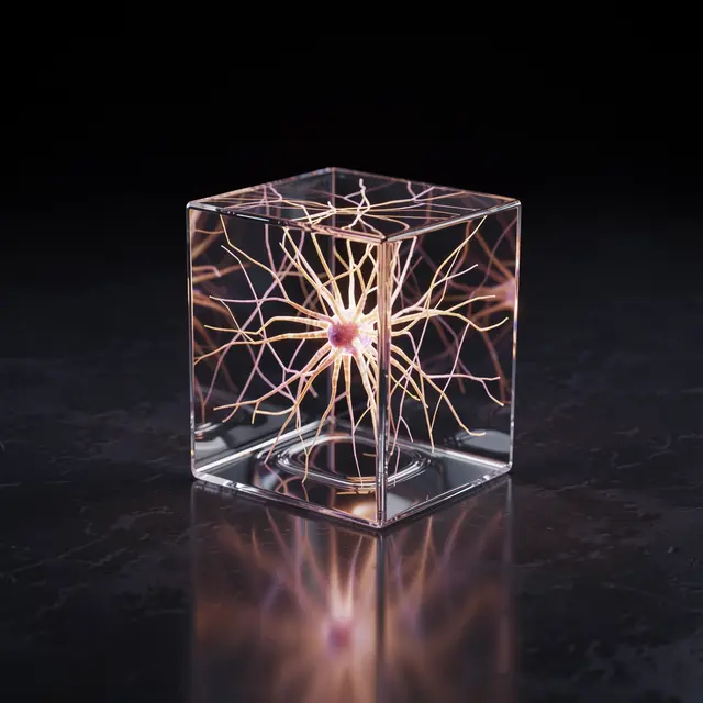 Transparent glass cube holding a glowing neuron network rests on a dark reflective surface