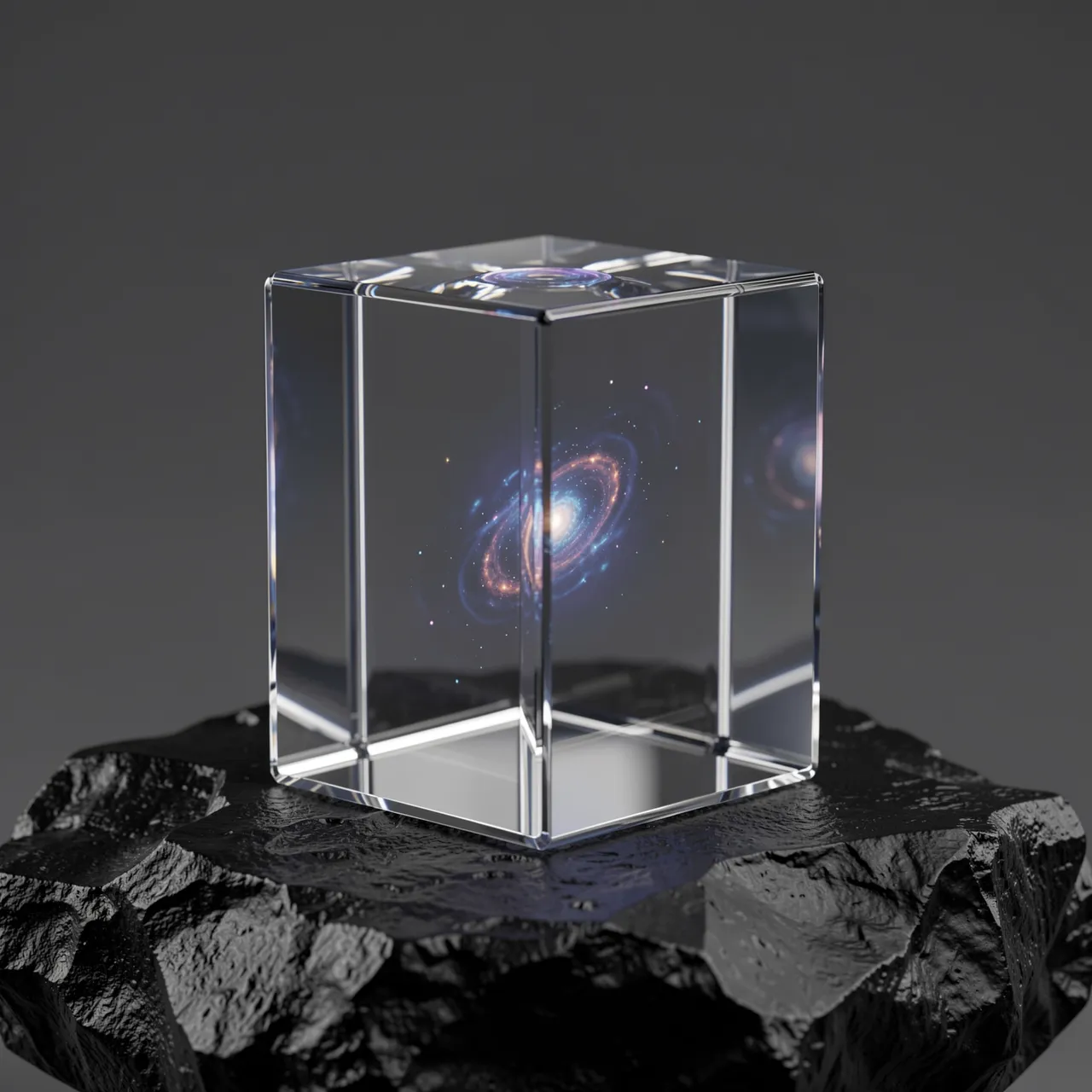 A clear glass cube resting on rough black stone holds a swirling glowing spiral galaxy inside it