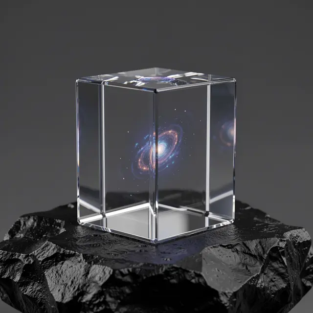 A clear glass cube resting on rough black stone holds a swirling glowing spiral galaxy inside it
