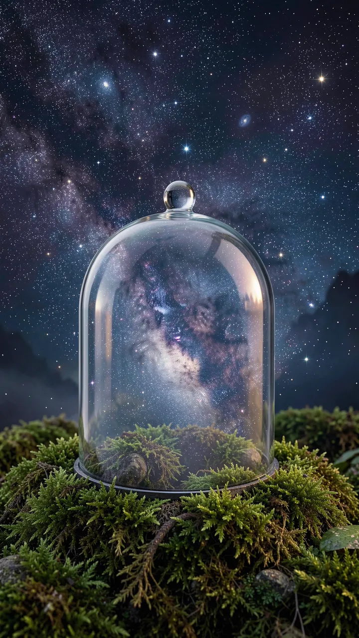 A glass cloche holding a miniature starry nebula rests atop lush green moss under a cosmic night sky