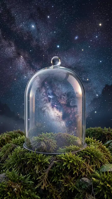 A glass cloche holding a miniature starry nebula rests atop lush green moss under a cosmic night sky