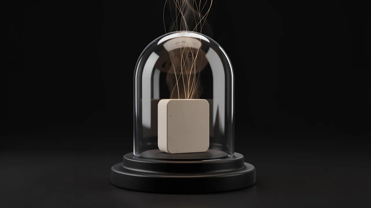 A blank square chip sits under a glass dome on a dark pedestal with glowing thin threads rising from it against a black