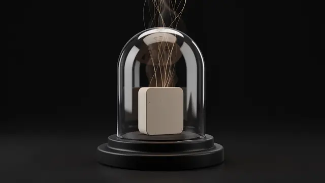 A blank square chip sits under a glass dome on a dark pedestal with glowing thin threads rising from it against a black