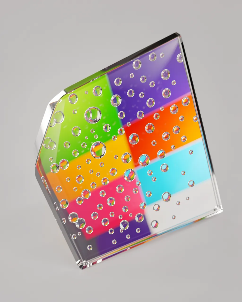 Tilted clear glass pane with magnifying water droplets over bright multicolor blocks against a plain gray background