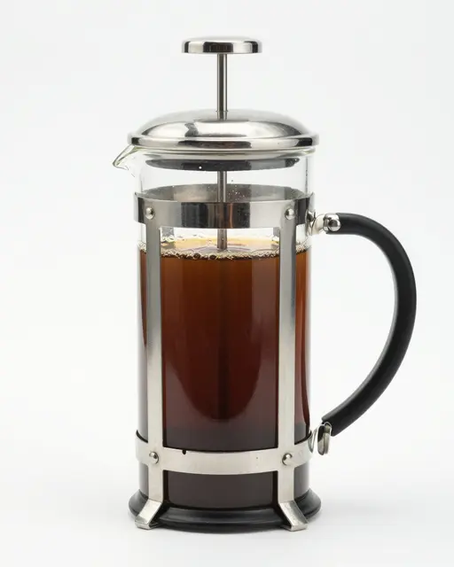 A glass and steel french press half full of brewed coffee sits against a plain white studio background