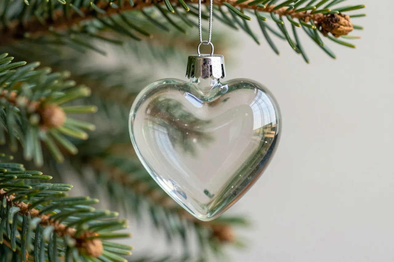 A clear glass heart ornament hangs from a pine tree branch against a soft neutral background