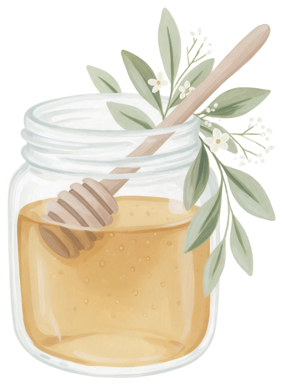 Hand-painted gouache illustration of a glass honey jar with a wooden dipper and delicate botanical foliage.