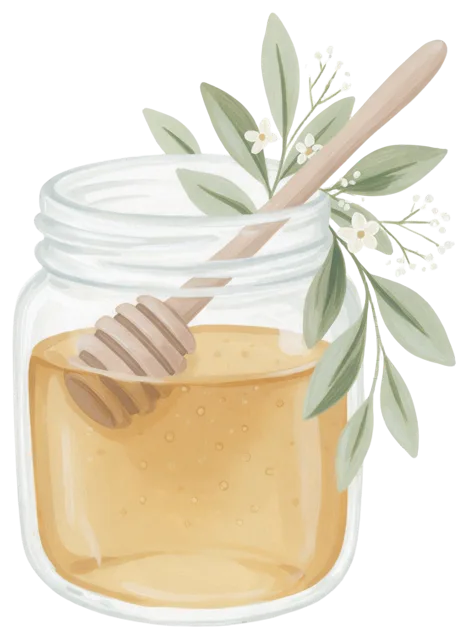 Hand-painted gouache illustration of a glass honey jar with a wooden dipper and delicate botanical foliage.