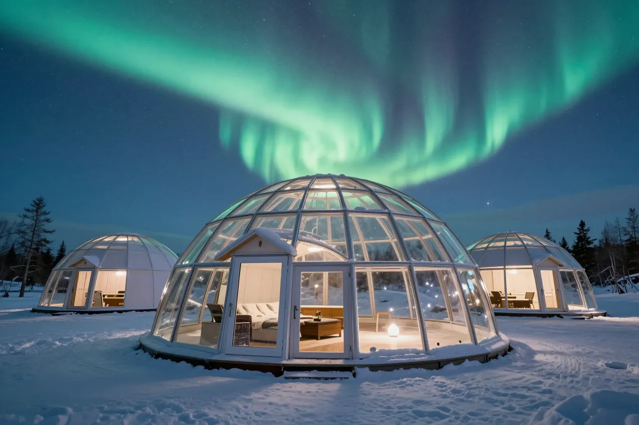 Lit glass igloo cabins sit on snow beneath a vivid green aurora borealis in a winter arctic landscape
