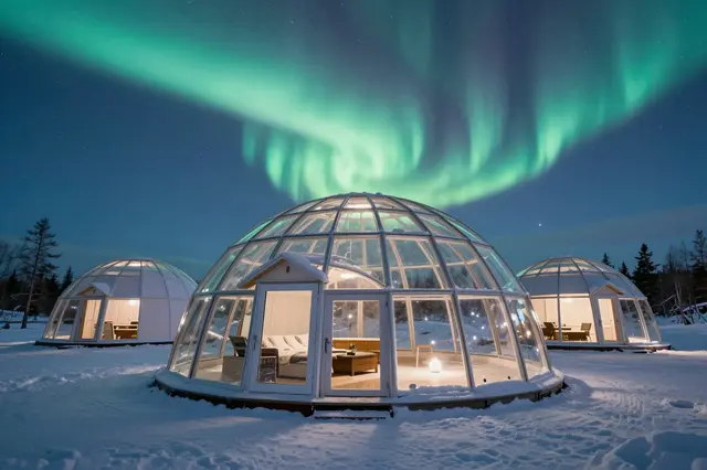 Lit glass igloo cabins sit on snow beneath a vivid green aurora borealis in a winter arctic landscape