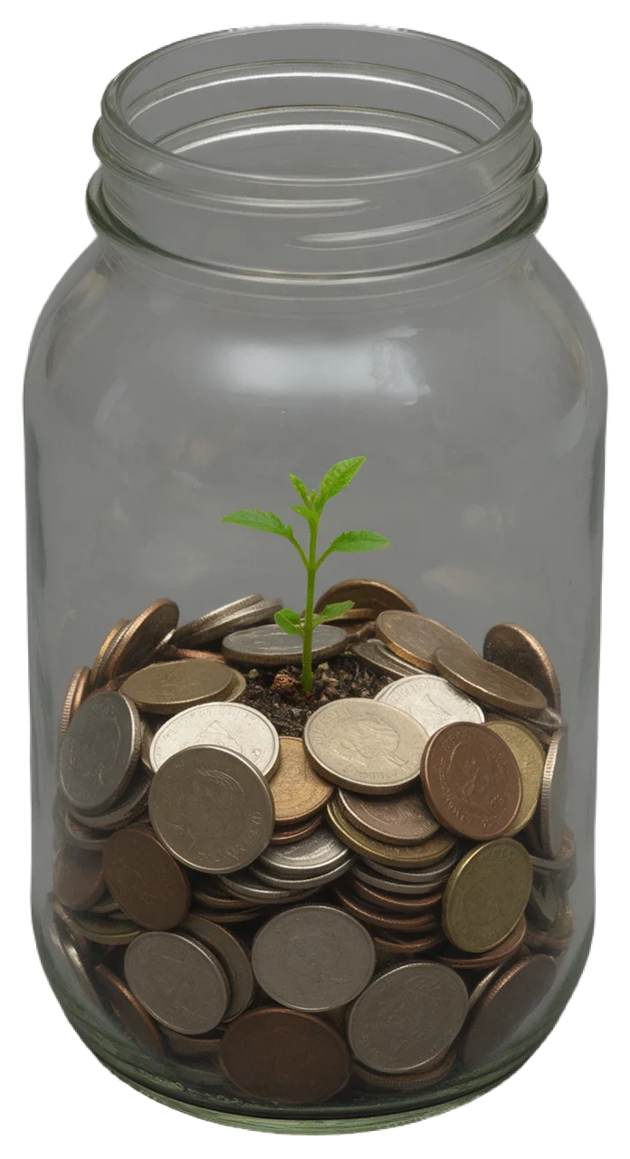 A clear glass jar half full of mixed coins holds soil with a small green seedling growing from inside.