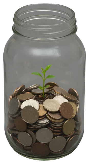 A clear glass jar half full of mixed coins holds soil with a small green seedling growing from inside.