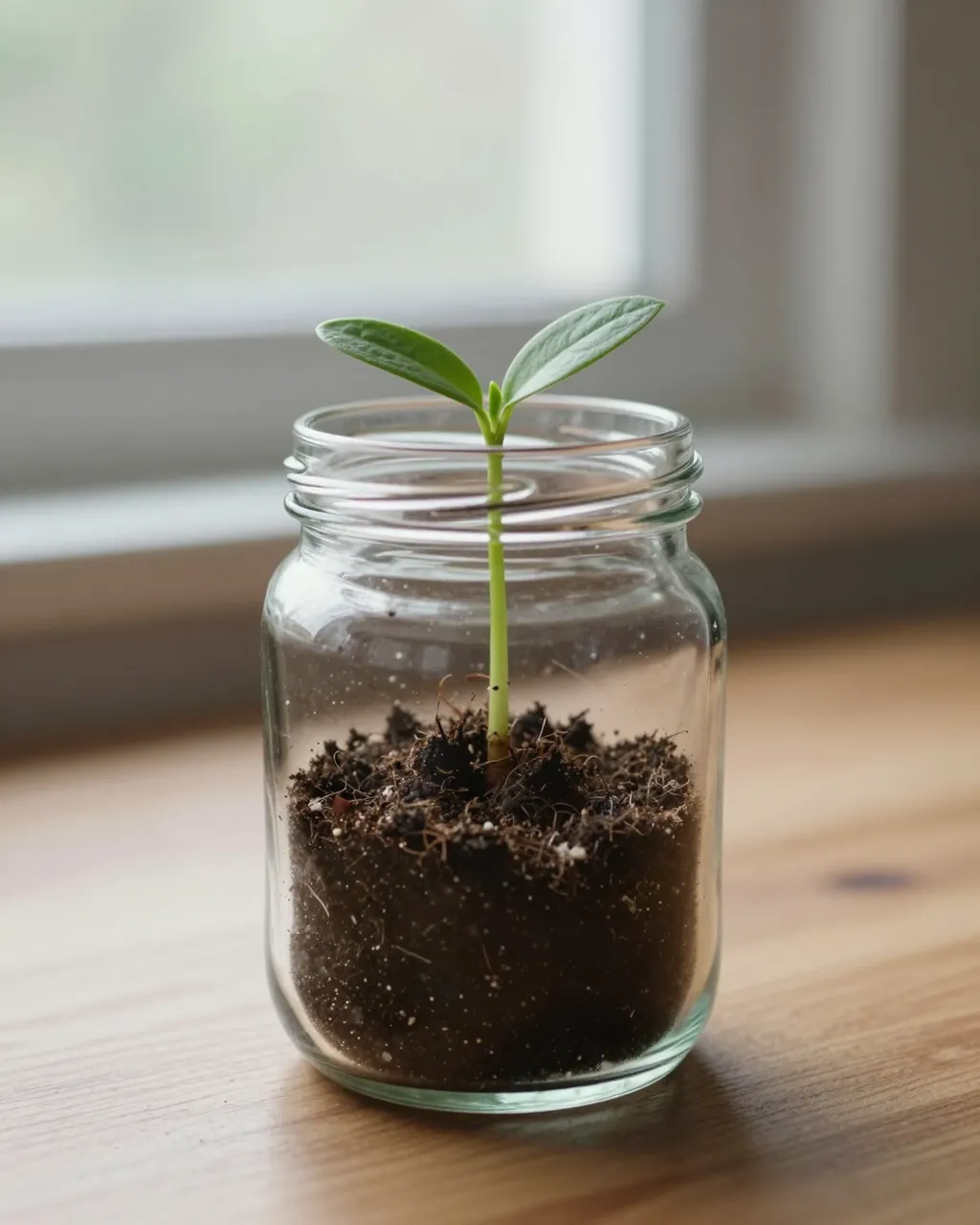 A young green seedling grows in soil inside a clear glass jar set on a wooden desk near a window.