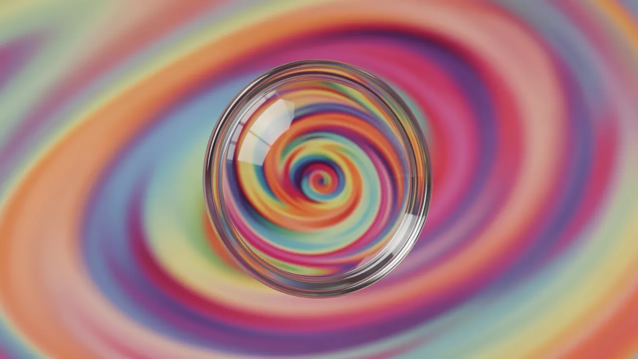 A clear thick glass lens floats above and magnifies a soft multicolored spiral swirl background