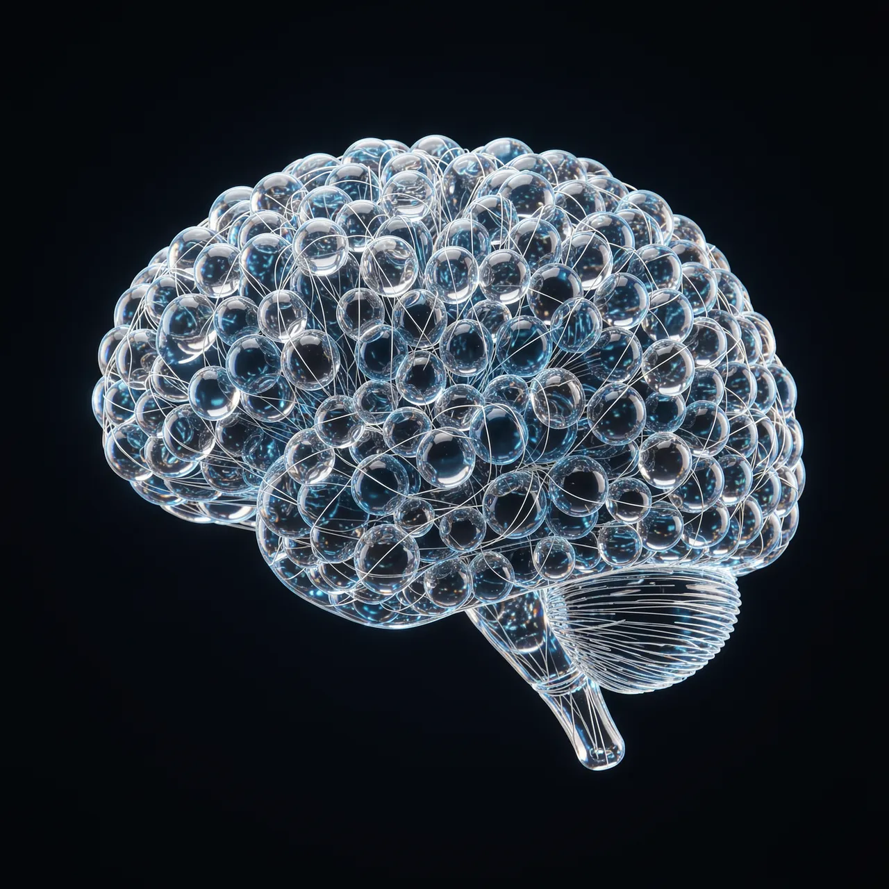 3D render of a brain constructed from clear glass marbles connected by glowing threads on a dark solid background