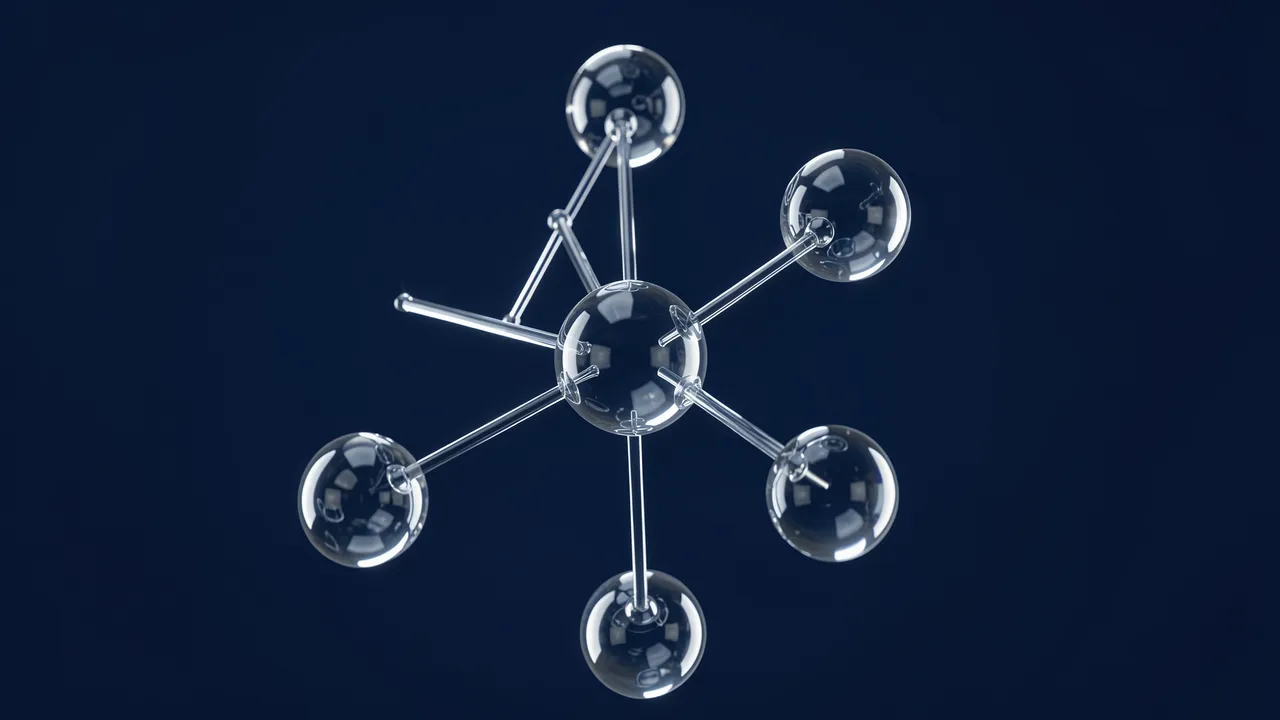 3D render of a clear glass atomic model with connecting rods against a dark blue background