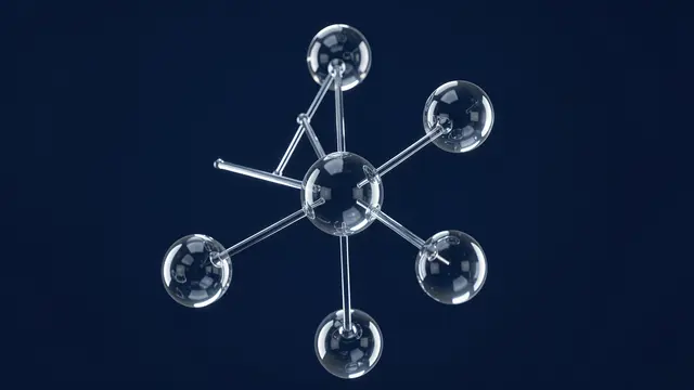 3D render of a clear glass atomic model with connecting rods against a dark blue background