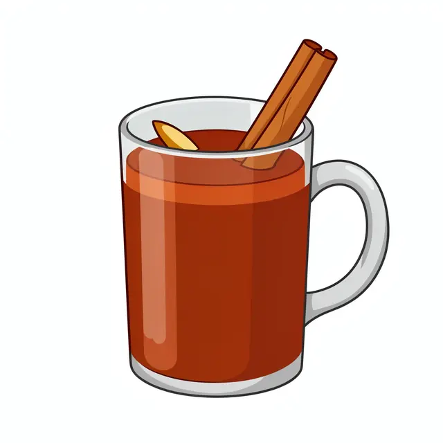 Flat clipart illustration of a glass mug of apple cider with a cinnamon stick and nutmeg slice, isolated on white