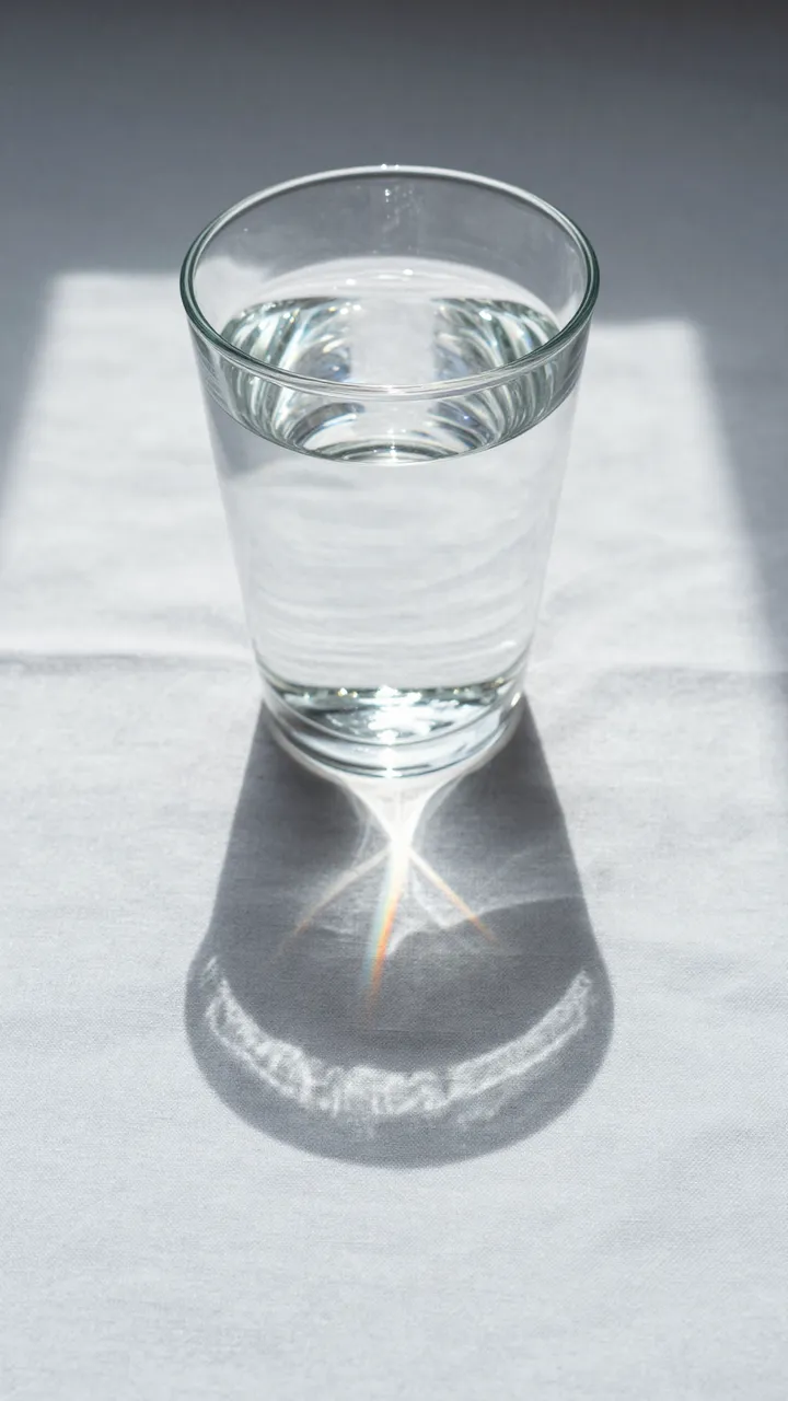 A clear glass of water casts a small prismatic rainbow shadow on textured white linen in bright direct sunlight