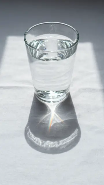 A clear glass of water casts a small prismatic rainbow shadow on textured white linen in bright direct sunlight