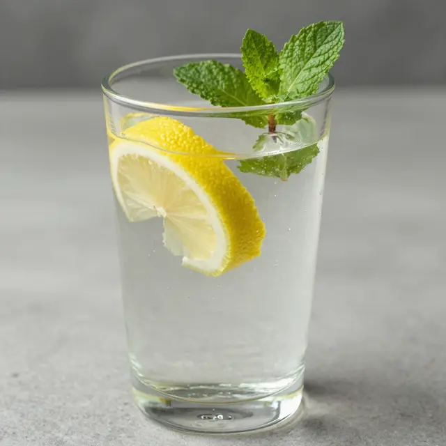 Clear glass of infused water with a floating lemon slice and fresh mint sprig on a neutral gray surface.