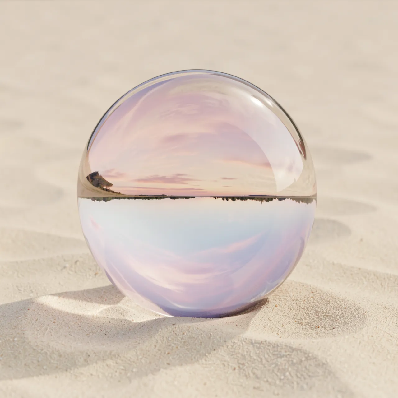 Clear glass orb resting on pale beach sand holding an inverted pastel sunset horizon reflection