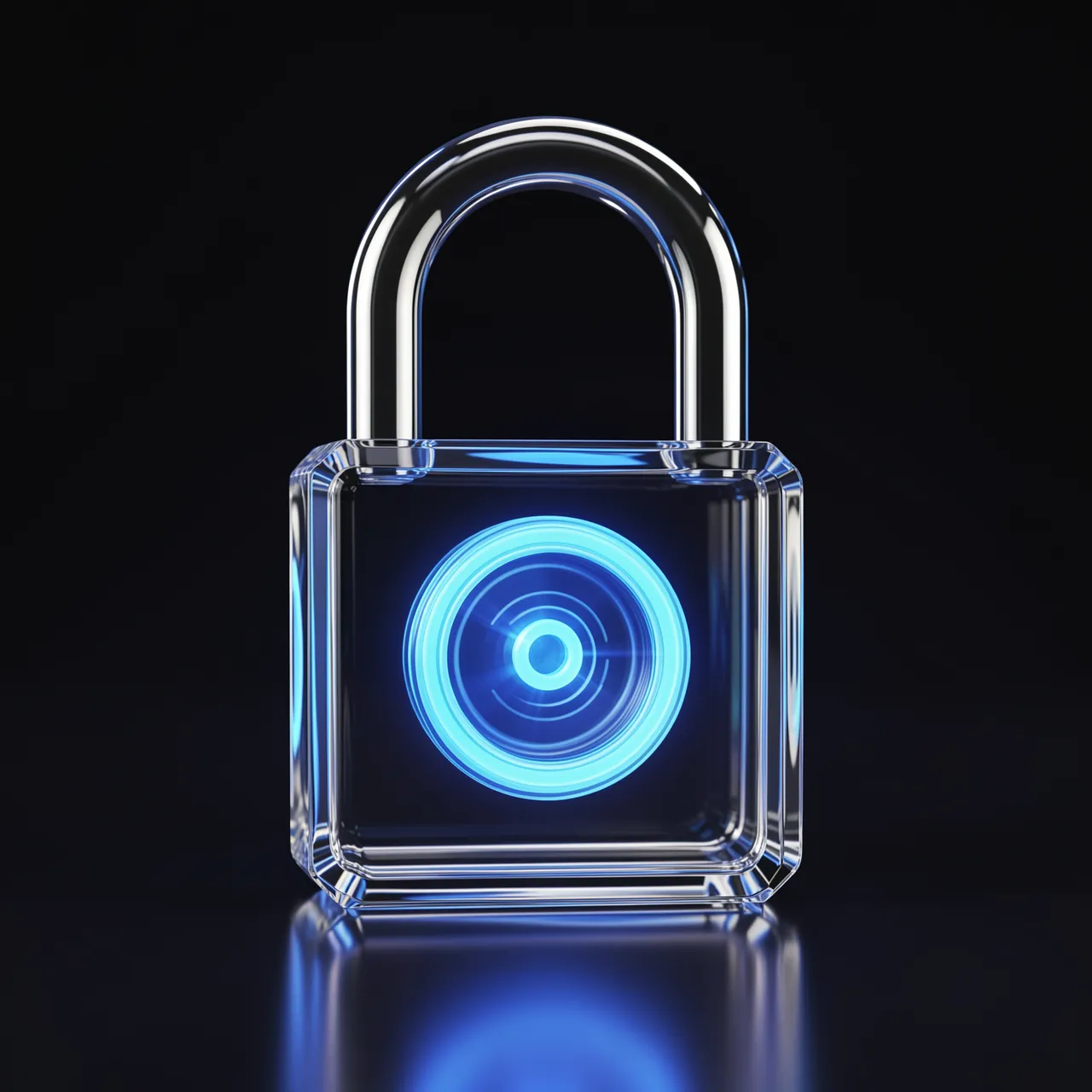 Clear glass padlock with a glowing circular blue core rests on a dark reflective surface against a black background