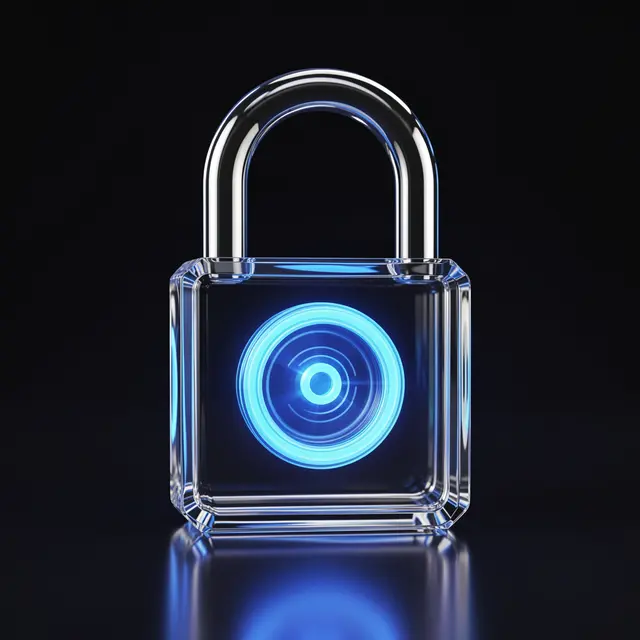 Clear glass padlock with a glowing circular blue core rests on a dark reflective surface against a black background