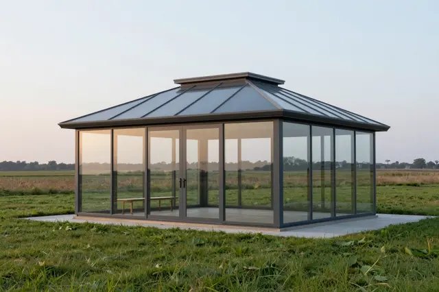 Modern glass pavilion with dark framing sits on a concrete pad in a grassy meadow under soft dawn light