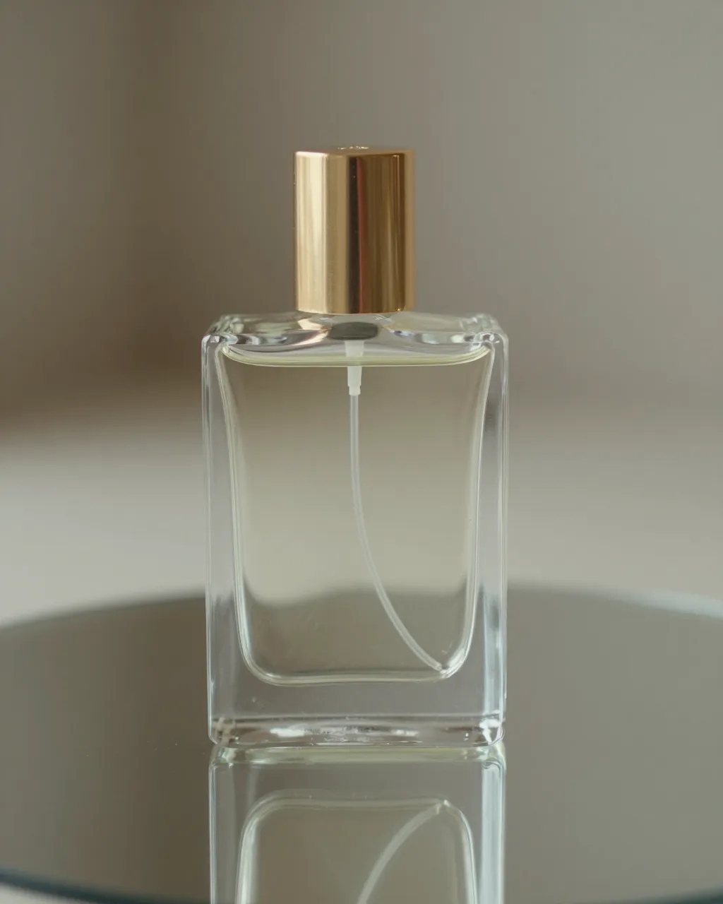 Clear square glass perfume bottle with a gold cap sits on a mirrored surface with a soft reflection against a neutral beige