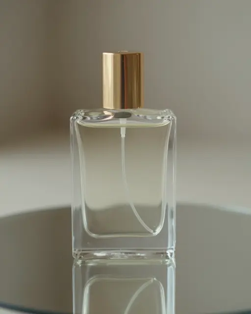 Clear square glass perfume bottle with a gold cap sits on a mirrored surface with a soft reflection against a neutral beige